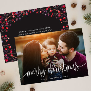 Elegant Merry Christmas Berries Back Photo White Holiday Card