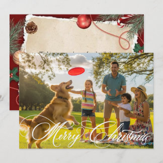 Elegant Merry Christmas Berries Back Photo White  Holiday Card