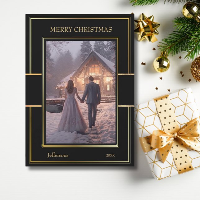 Elegant Merry Christmas Black Gold Couple Photo  Holiday Card (Creator Uploaded)