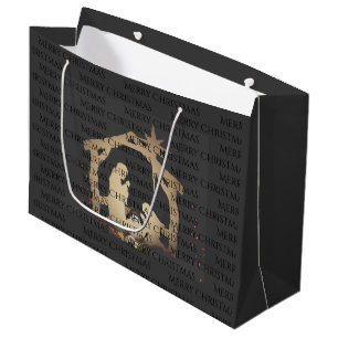 Elegant Merry Christmas Black Gold Nativity Large Gift Bag