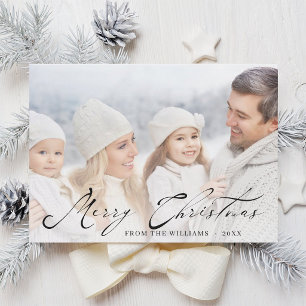 Elegant Merry Christmas Black Script Family Photo Holiday Card