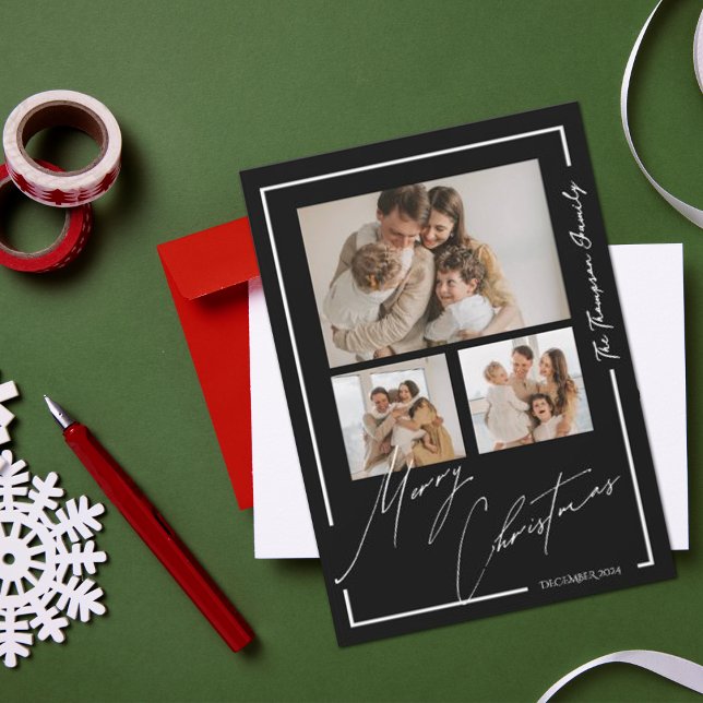 Elegant Merry Christmas Black White Multi Photo Holiday Card (Elegant Merry Christmas Black White Multi Photo Holiday Card)