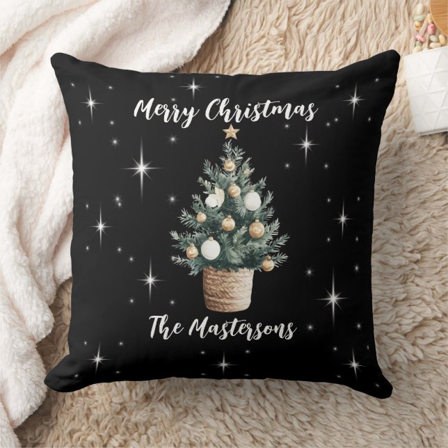 Elegant Merry Christmas Black with White Stars  Cushion (Blanket)