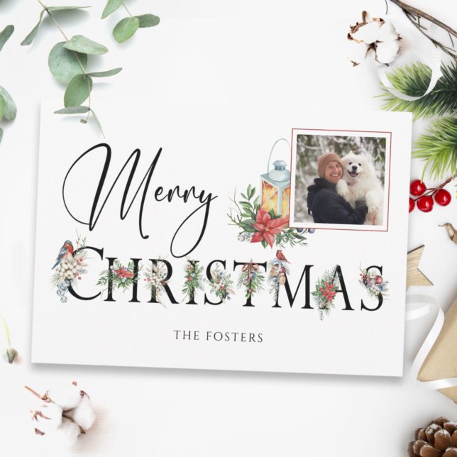 Elegant Merry Christmas Botanical Typography Photo Tri-Fold Holiday Card (Creator Uploaded)