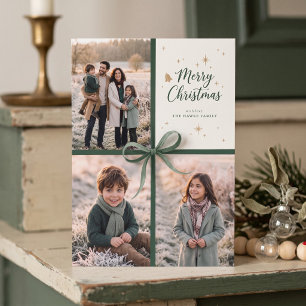 Elegant Merry Christmas Bow Family Photo Collage Holiday Card