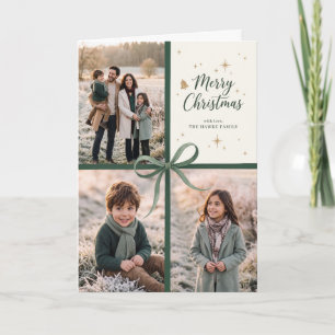 Elegant Merry Christmas Bow Family Photo Collage Holiday Card