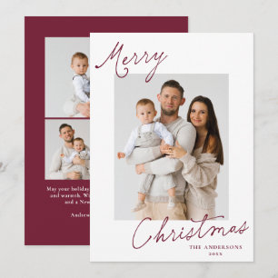 Elegant Merry Christmas Burgundy Script Photo Holiday Card