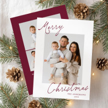 Elegant Merry Christmas Burgundy Script Photo