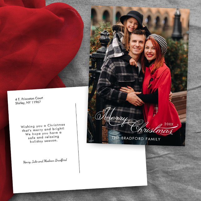 Elegant Merry Christmas Calligraphy 1-Photo Holiday Postcard (Creator Uploaded)
