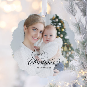 Elegant Merry Christmas Calligraphy 1-Photo Tree Decoration Card
