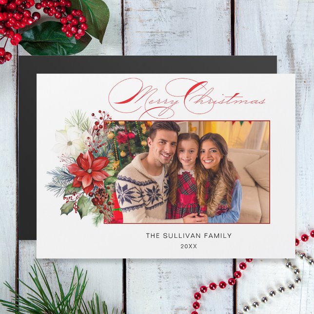 Elegant Merry Christmas Calligraphy Floral Photo (Creator Uploaded)