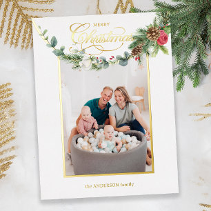 Elegant Merry Christmas Calligraphy Floral Photo