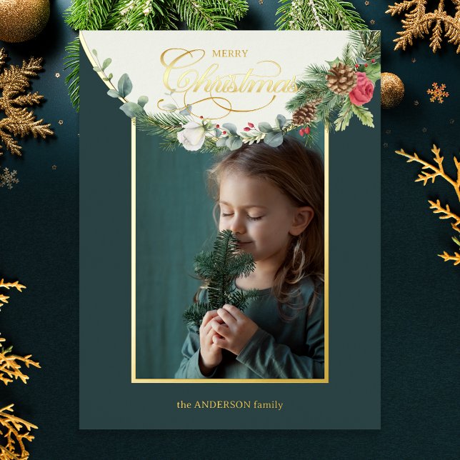 Elegant Merry Christmas Calligraphy Floral Photo (Creator Uploaded)