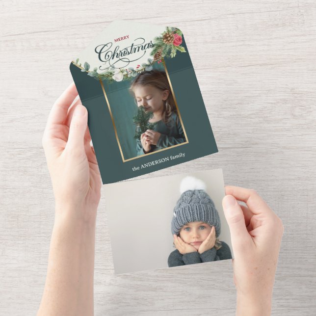 Elegant Merry Christmas Calligraphy Floral Photo All In One Invitation (Tearaway)