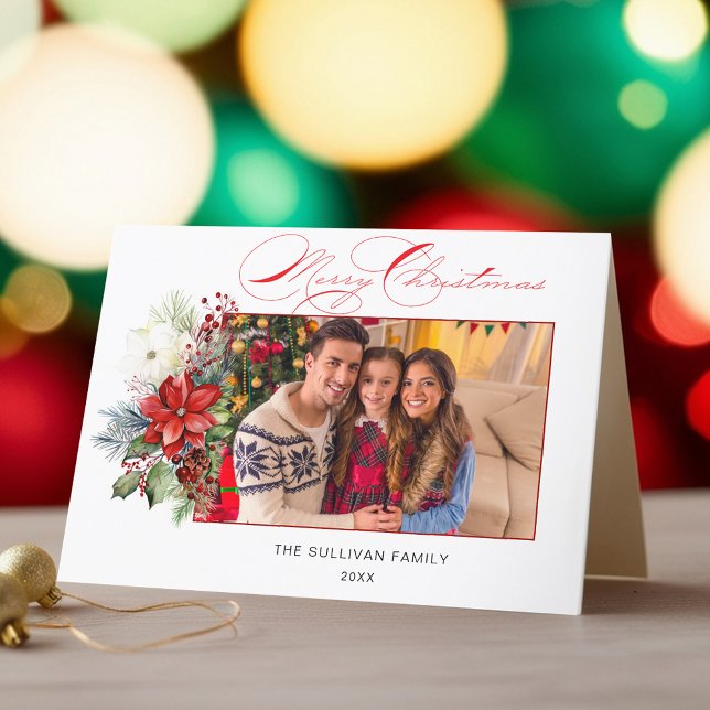 Elegant Merry Christmas Calligraphy Floral Photo Holiday Card (Creator Uploaded)