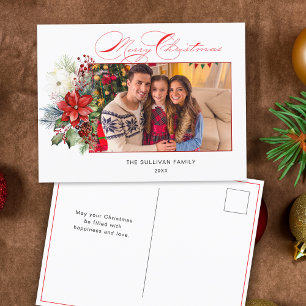 Elegant Merry Christmas Calligraphy Floral Photo Holiday Postcard