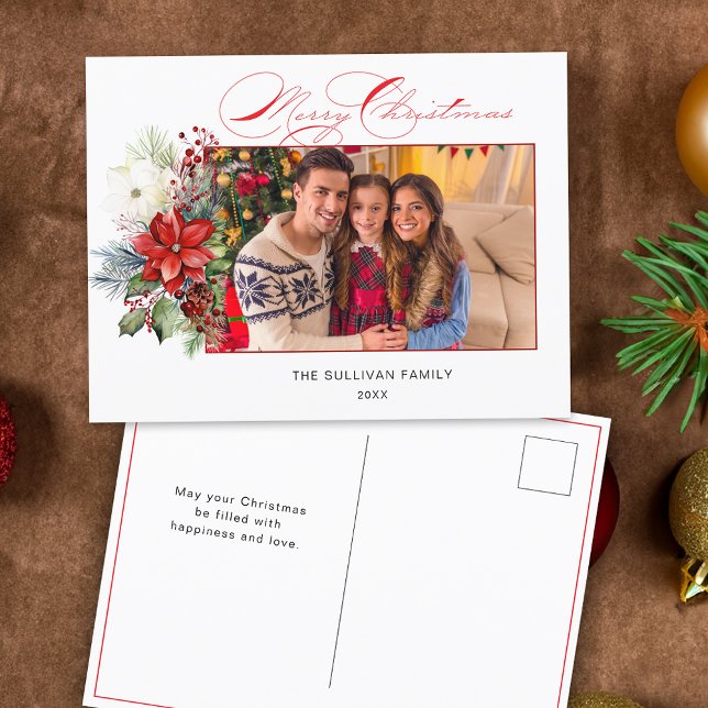 Elegant Merry Christmas Calligraphy Floral Photo Holiday Postcard (Creator Uploaded)