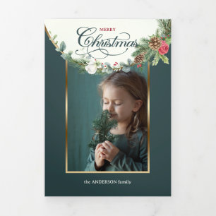Elegant Merry Christmas Calligraphy Floral Photo Tri-Fold Card