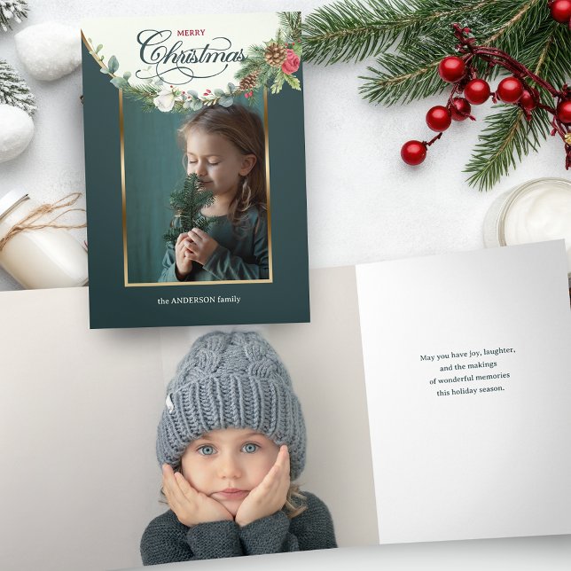 Elegant Merry Christmas Calligraphy Floral Photo Tri-Fold Card (Creator Uploaded)