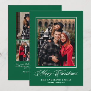 Elegant Merry Christmas Calligraphy Green 4 Photo Holiday Card