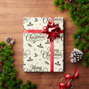 Elegant Merry Christmas Calligraphy Holly Seamless Wrapping Paper