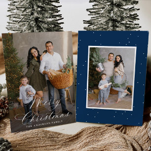 Elegant Merry Christmas Calligraphy Navy 2 Photo Holiday Card