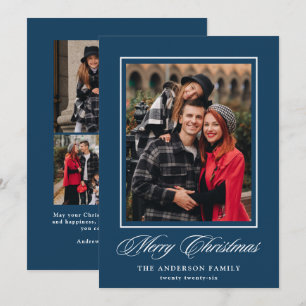 Elegant Merry Christmas Calligraphy Navy 4 Photo Holiday Card