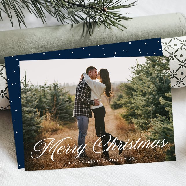 Elegant Merry Christmas Calligraphy Navy Photo Holiday Card (Creator Uploaded)