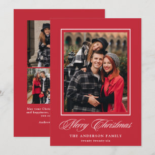 Elegant Merry Christmas Calligraphy Red 4 Photo Holiday Card