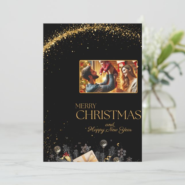 Elegant Merry Christmas Card with Family Photo (Standing Front)