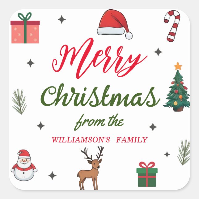 Elegant Merry Christmas Custom Family Name   Square Sticker (Front)