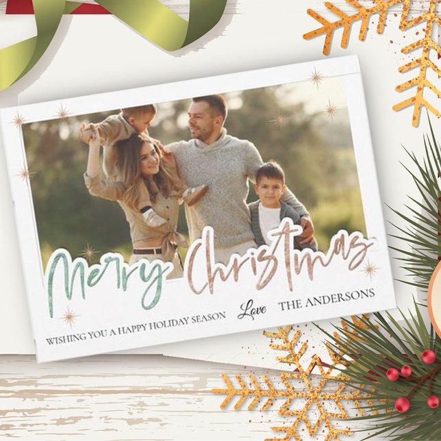 Elegant Merry Christmas Cute Glitter Script Photo  Holiday Card (Creator Uploaded)