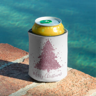 Elegant Merry Christmas Dusty Mauve Pink Tree Can Cooler