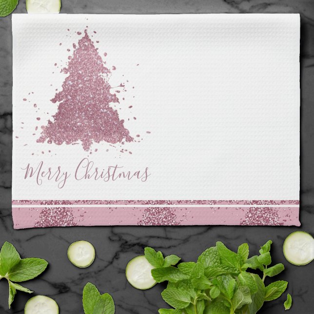Elegant Merry Christmas | Dusty Mauve Pink Tree Tea Towel (Creator Uploaded)
