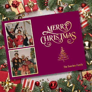 Elegant Merry Christmas Family Photo Foil Holiday Postcard
