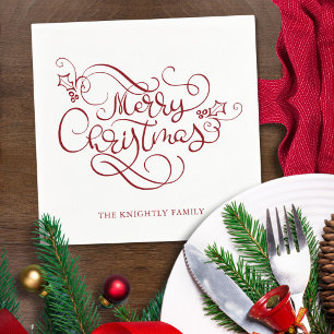 Elegant Merry Christmas Fancy Script Red Napkin