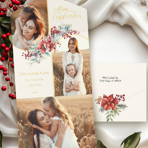 Elegant Merry Christmas Floral Arch 2-Photo Foil All In One Invitation