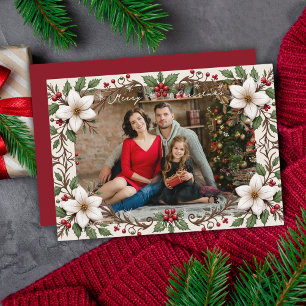 Elegant Merry Christmas Floral Frame Custom Photo Holiday Card