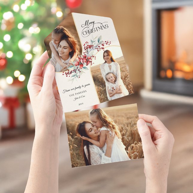 Elegant Merry Christmas Floral Gold Arch 2-Photo All In One Invitation (Creator Uploaded)
