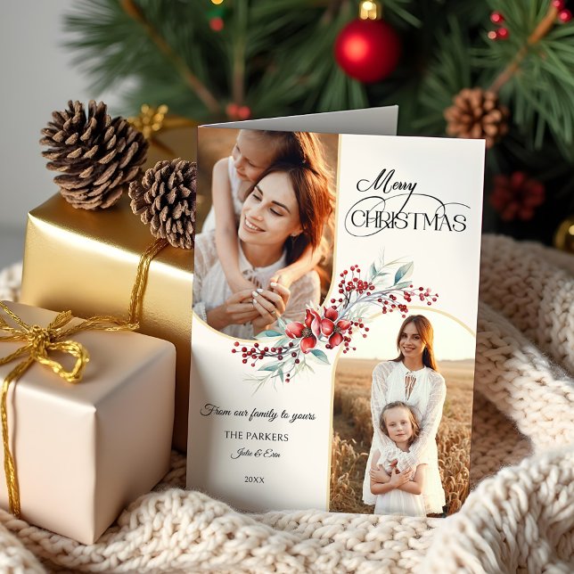 Elegant Merry Christmas Floral Gold Arch 2-Photo Holiday Card (Creator Uploaded)