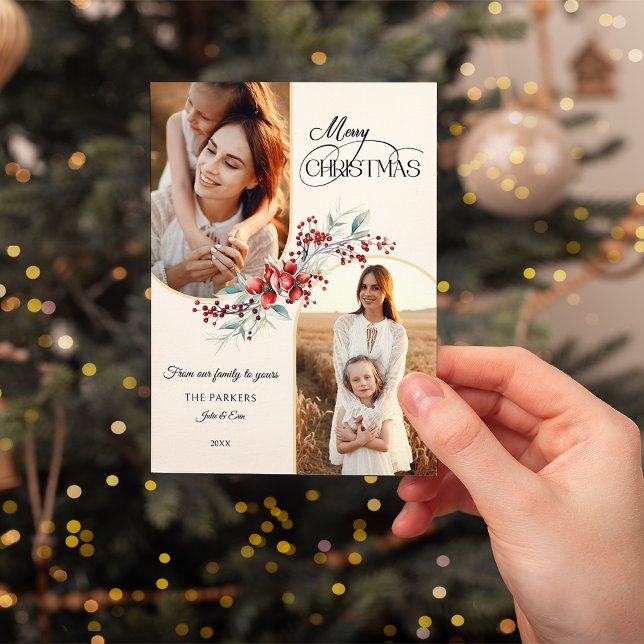 Elegant Merry Christmas Floral Gold Arch 2-Photo Holiday Card (Creator Uploaded)