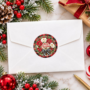 Elegant Merry Christmas Flower Wreath Classic Round Sticker