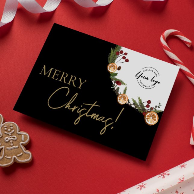 Elegant Merry Christmas Foliage Wreath corporate  Holiday Card (Holiday dried oranges foliage wreath with custom logo Merry Christmas corporate card.)