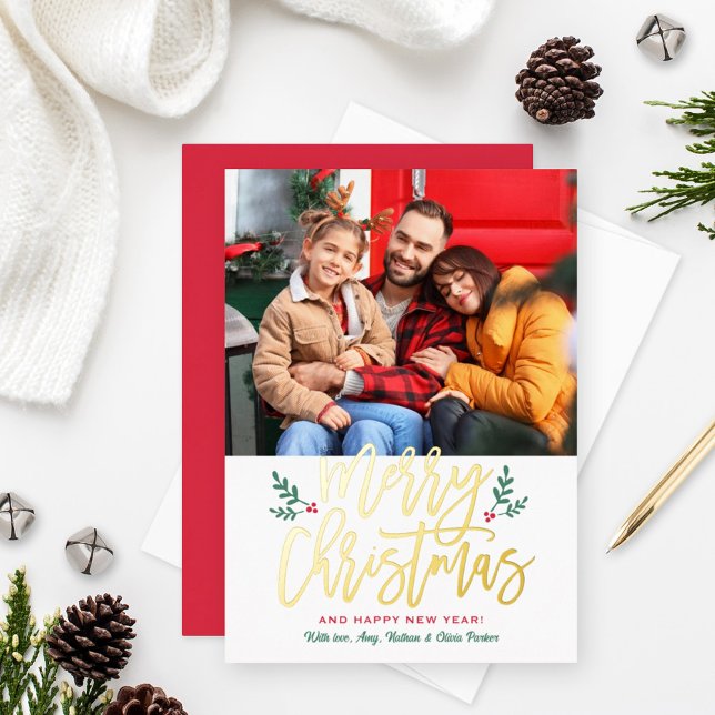 Elegant Merry Christmas Gold Brushed Script Photo (Creator Uploaded)