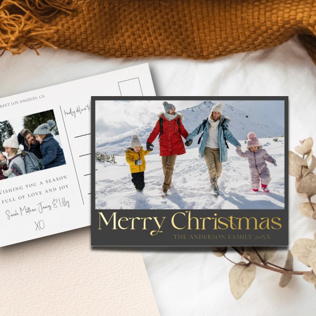 Elegant Merry Christmas Gold Foil & Photo Foil Holiday Postcard (Creator Uploaded)