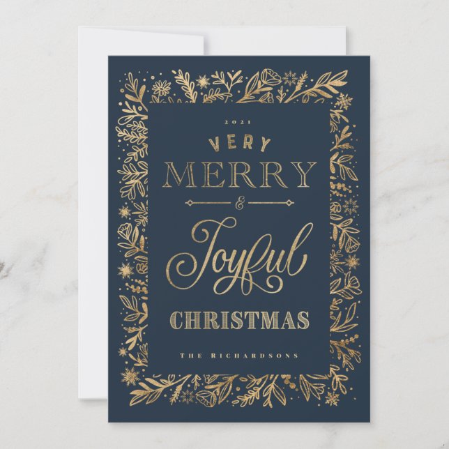 Elegant Merry Christmas Gold Foliage & Snowflakes Holiday Card (Front)