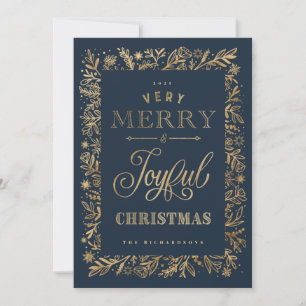Elegant Merry Christmas Gold Foliage & Snowflakes Holiday Card