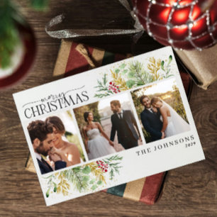 Elegant Merry Christmas Gold Red Berries Photo  Holiday Card
