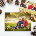 Elegant Merry Christmas Gold Script Photo Collage<br><div class="desc">Simply elegant holiday multi-photo greeting card features "Merry Christmas" in a beautiful calligraphy script with scrolling detail in real gold foil and modern photo collage template with six (6) additional photos on the back. Personalize the custom wording with your last name, the year, a custom greeting, and family member names....</div>