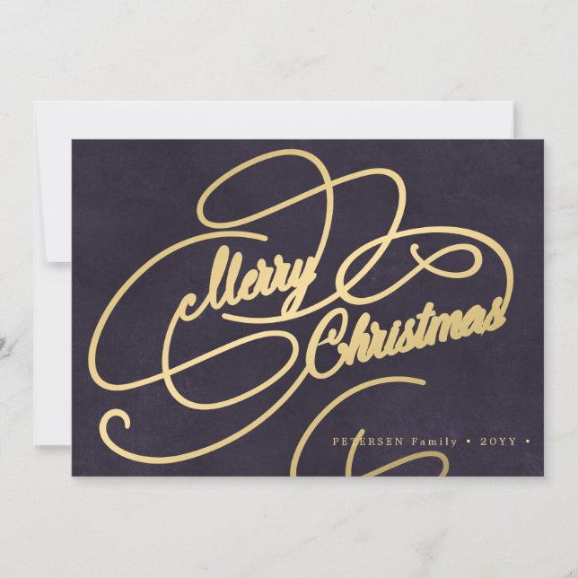Elegant Merry Christmas gold script purple Holiday Card (Front)